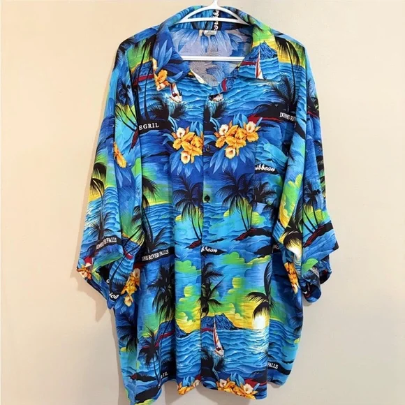 Jamaican Tropical Palm Tree Print Button-Up Beach Shirt – Plus Size 3X GUC - Picture 2 of 7